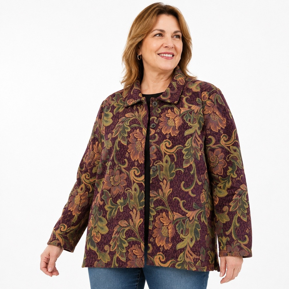 Vintage Robert Louis‎ Floral Tapestry Jacket Plum Green Button Front Artwear